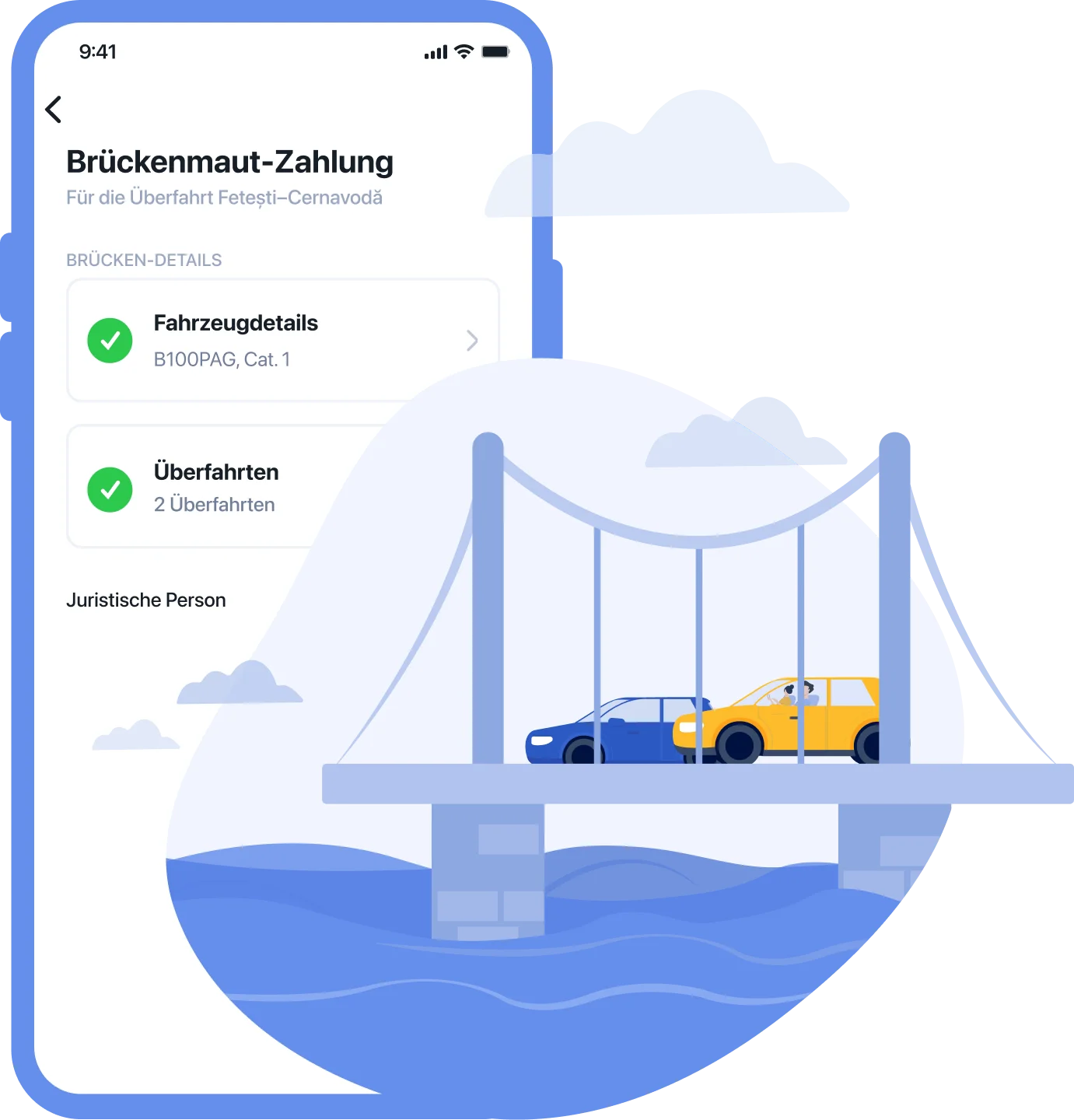 Darstellung des Pago-App-Bildschirms mit der Brückenmaut Fetești