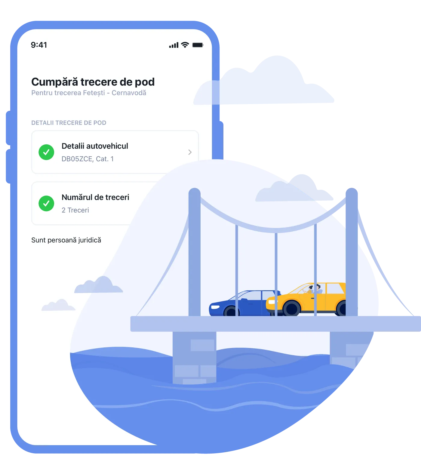 Illustration of the Pago app screen showing the Fetești bridge toll