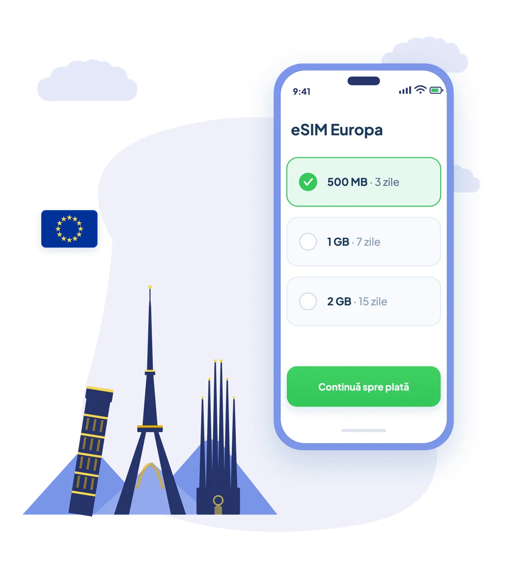 Ilustrație eSIM Pago pentru Europa