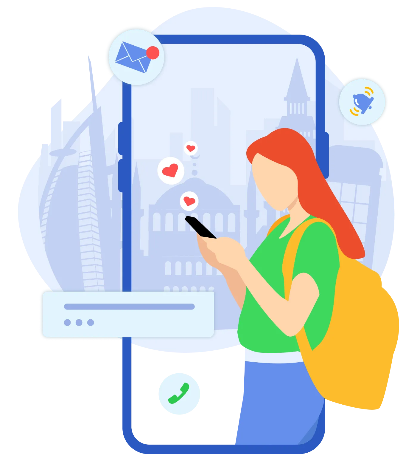 Ilustrație eSIM Pago - fată cu telefon și eSIM