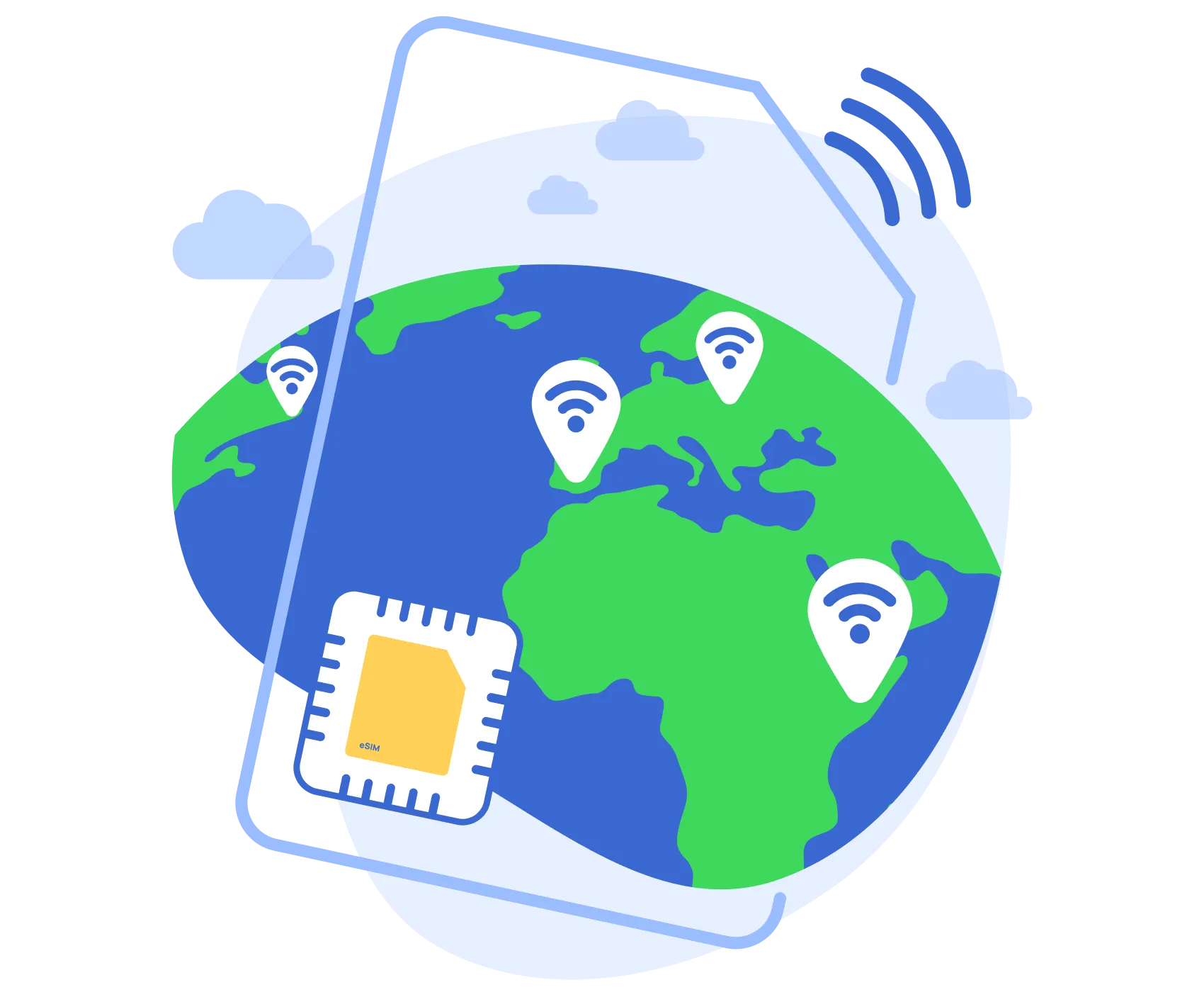 Ilustrație eSIM Pago - glob cu WiFi și chip eSIM