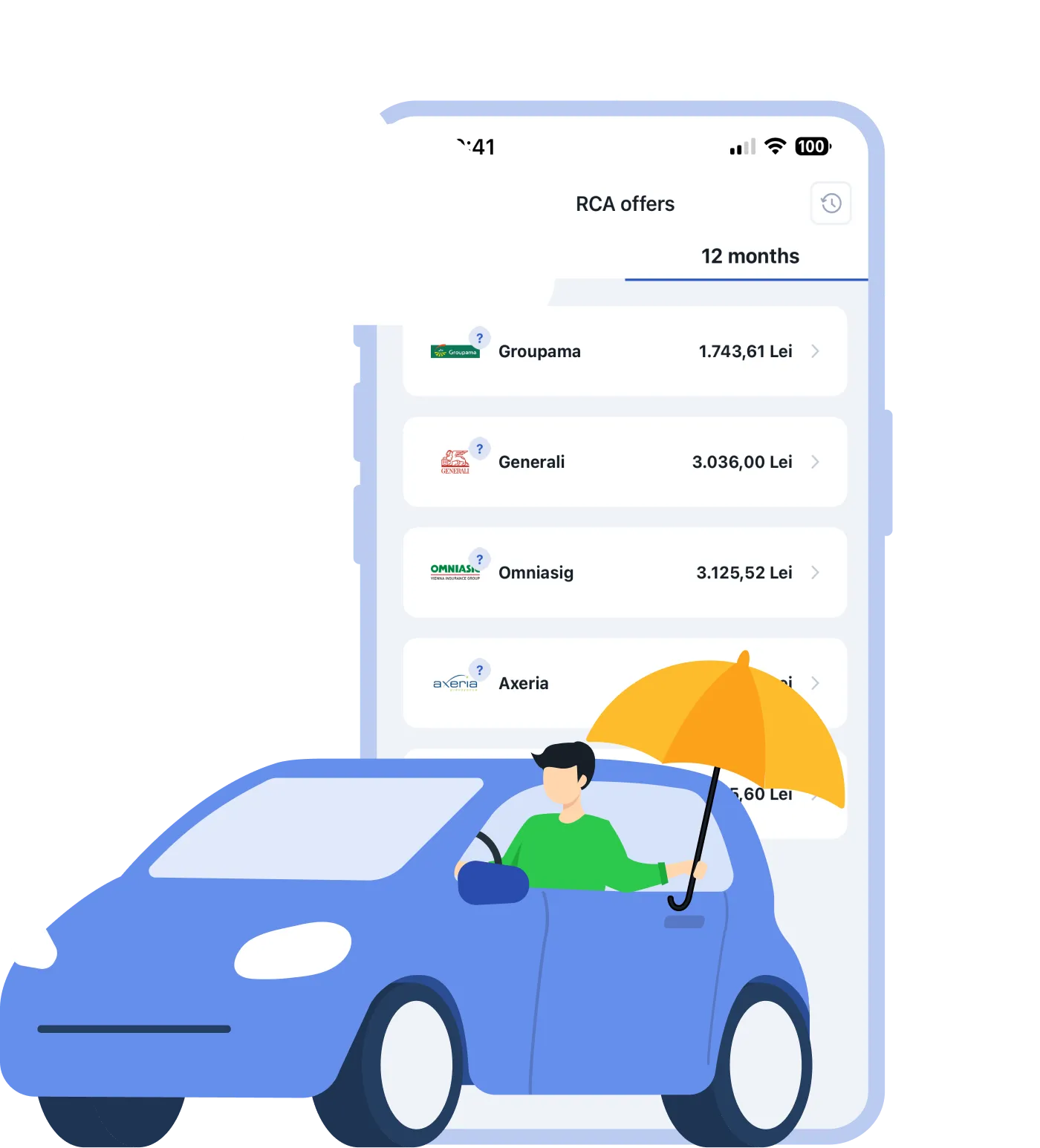 Illustration of the Pago app screen showing RCA insurance offers