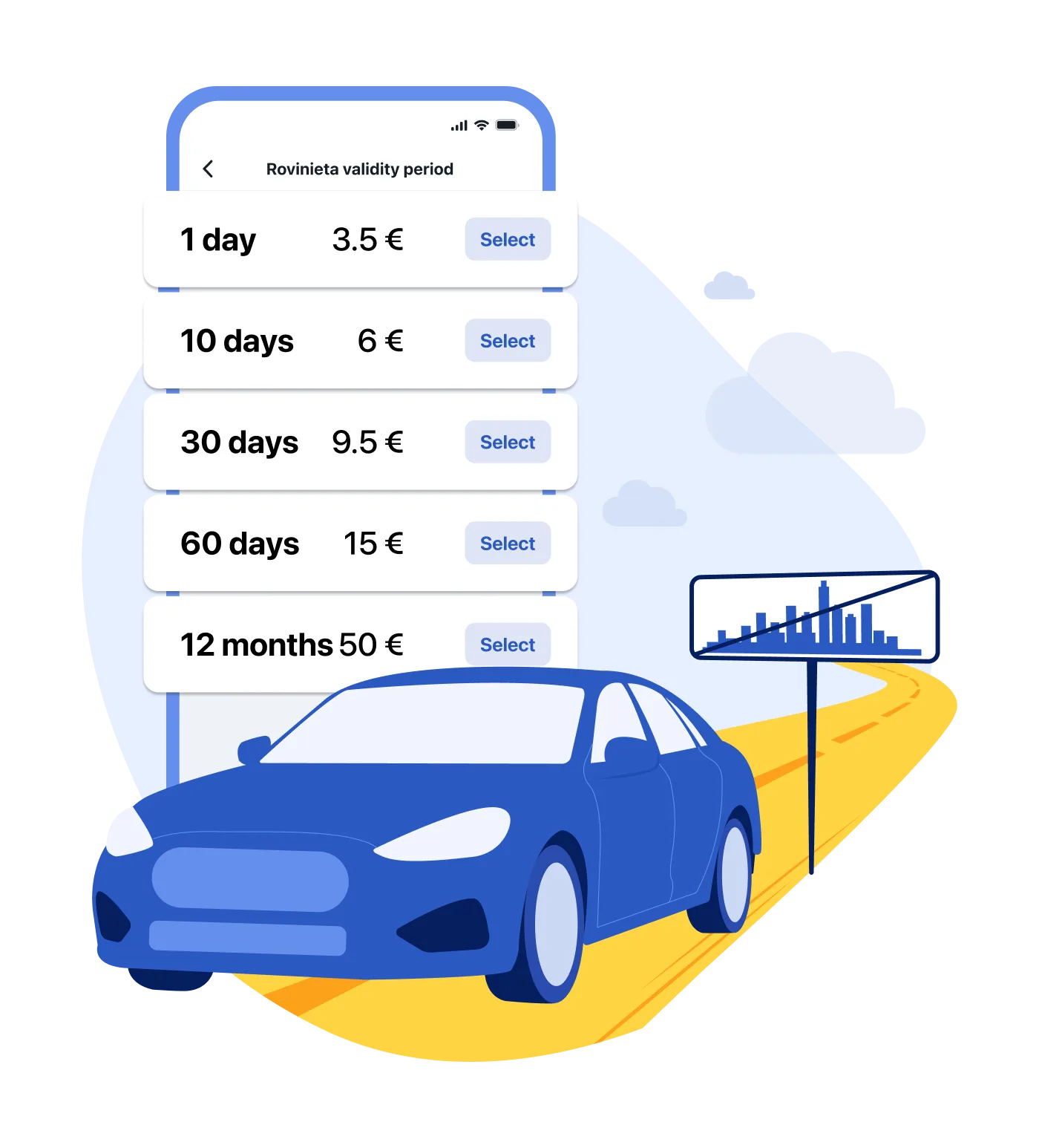 Illustration of the Pago app screen showing a rovinieta (road vignette) payment