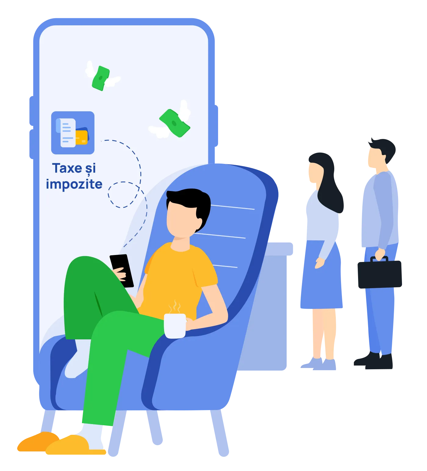 Illustration of the Pago app screen showing taxes and fees