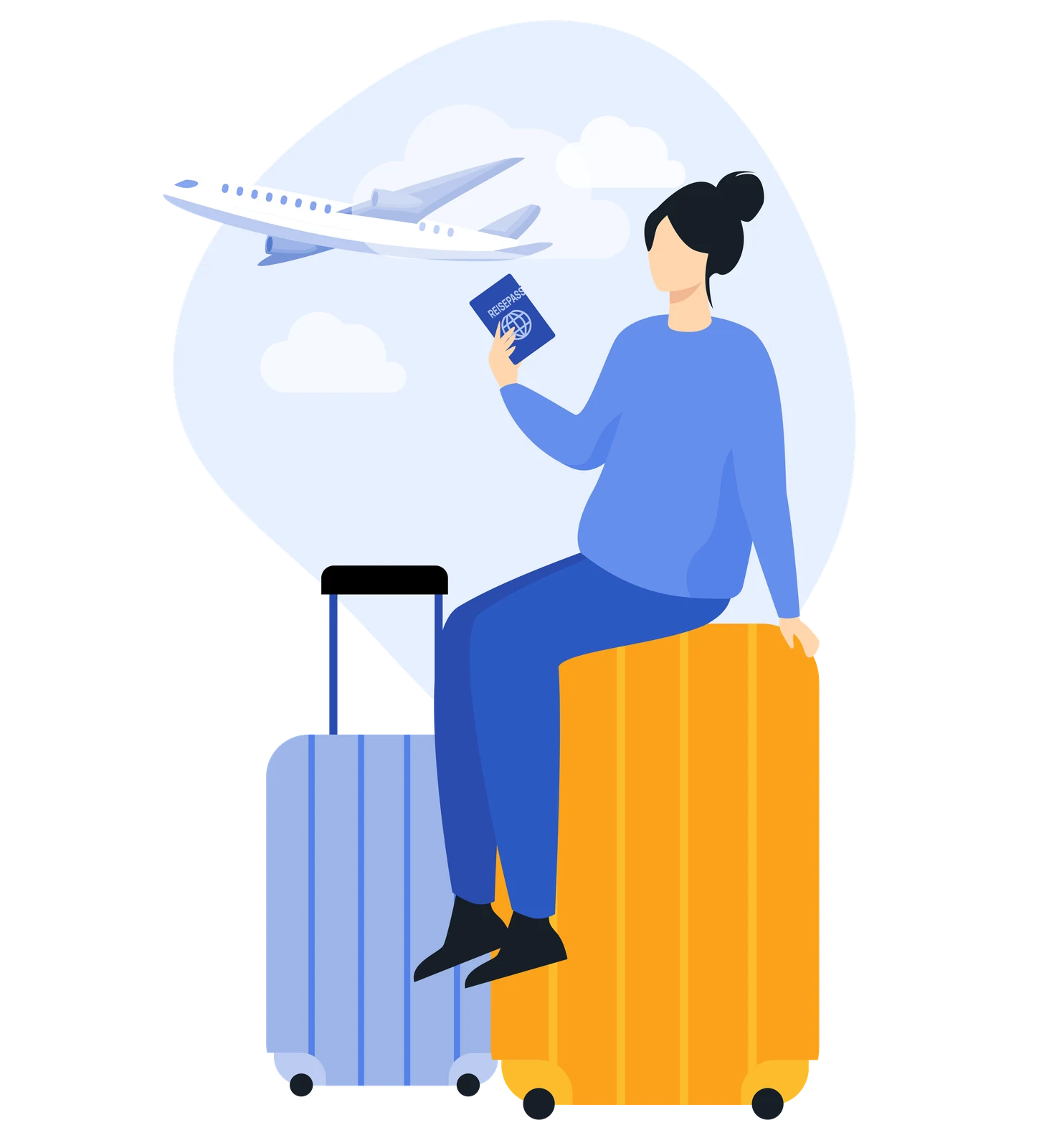 Illustration einer reisebereiten Person mit Reisepass und Gepäck neben einem Flugzeug – Pago Reiseversicherung
