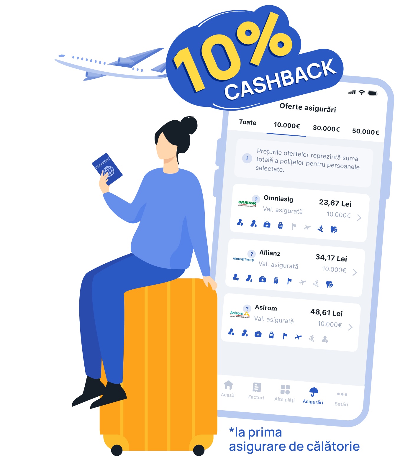 Illustration of the Pago app screen showing travel insurance